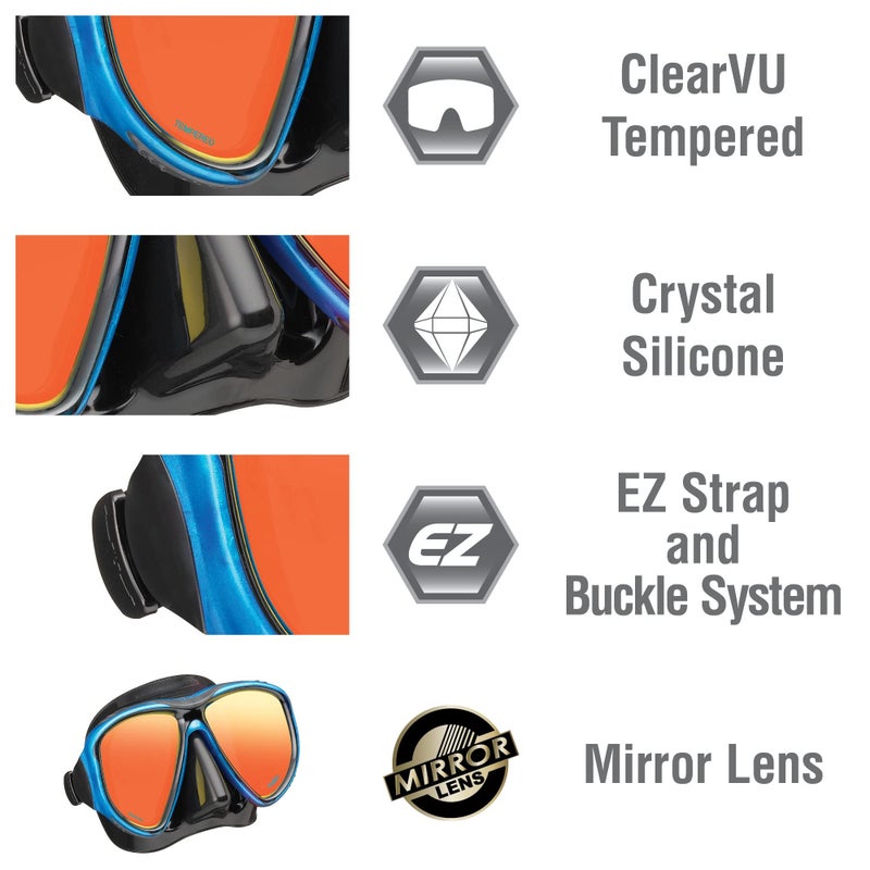 TUSA Sport Adult Powerview Mask and Dry Snorkel Combo, Black/Fishtail Blue Mirrored Lens (UC-2425PMQB-FBB) - Image 4